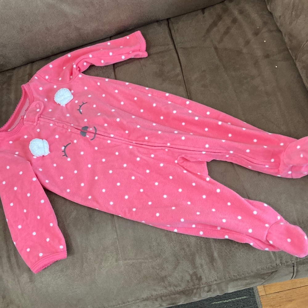 Carters pink polka dot fleece footie pajamas sleeping face; 6M